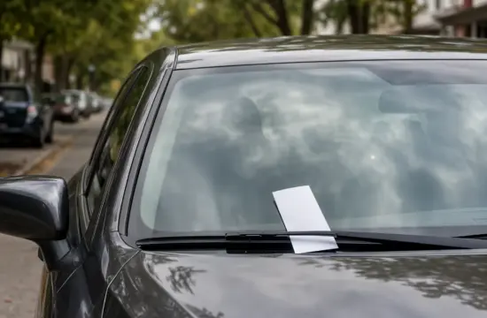 A parking citation notice tucked under a windshield wiper on a car parked along a tree-lined city street, illustrating how parking tickets are issued for a guide to Madison, Wisconsin parking citations.