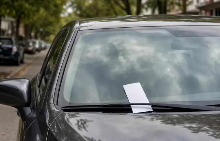 A parking citation notice tucked under a windshield wiper on a car parked along a tree-lined city street, illustrating how parking tickets are issued for a guide to Madison, Wisconsin parking citations.