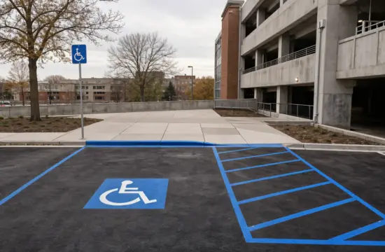 A designated accessible parking space marked with the blue wheelchair symbol near a parking garage entrance, illustrating where drivers with disability placards can park for a guide to Madison, Wisconsin accessible parking rules.