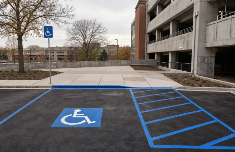 A designated accessible parking space marked with the blue wheelchair symbol near a parking garage entrance, illustrating where drivers with disability placards can park for a guide to Madison, Wisconsin accessible parking rules.