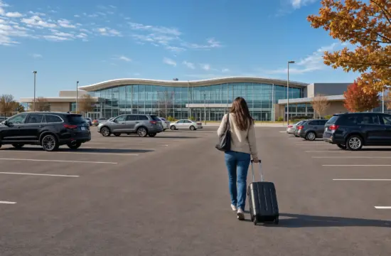A traveler wheeling a suitcase across an open-air surface parking lot toward a modern glass airport terminal on an autumn morning, illustrating where to park for a guide to Madison, Wisconsin airport parking.