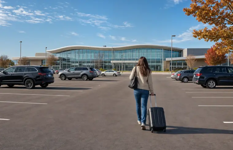 A traveler wheeling a suitcase across an open-air surface parking lot toward a modern glass airport terminal on an autumn morning, illustrating where to park for a guide to Madison, Wisconsin airport parking.