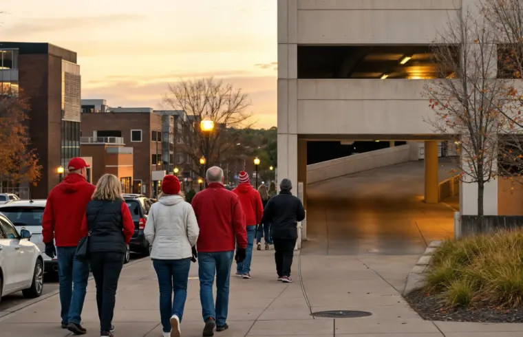 Football fans in autumn layers walking toward a downtown parking garage ramp entrance on an event evening, illustrating where to park for a guide to Madison, Wisconsin game-day and event parking.
