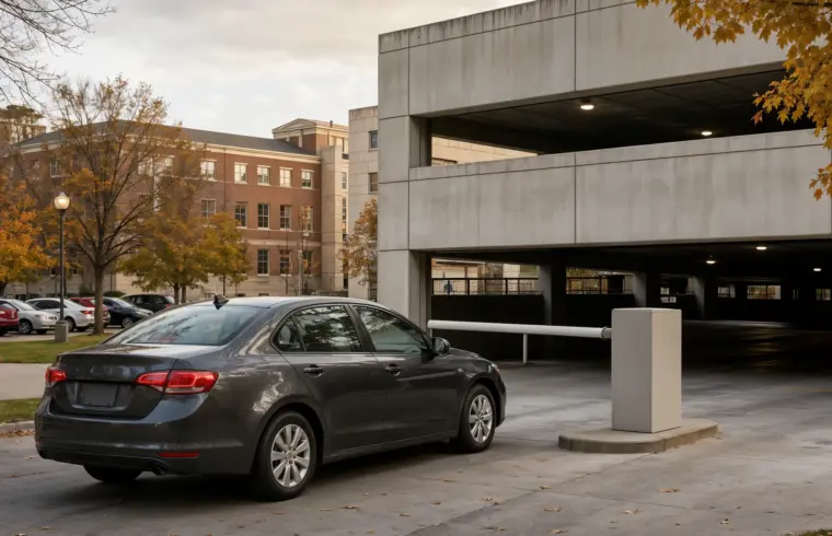 A car approaching the entrance of a campus parking garage on an autumn afternoon, with collegiate red-brick buildings behind it, illustrating where to park for a guide to UW-Madison visitor parking.
